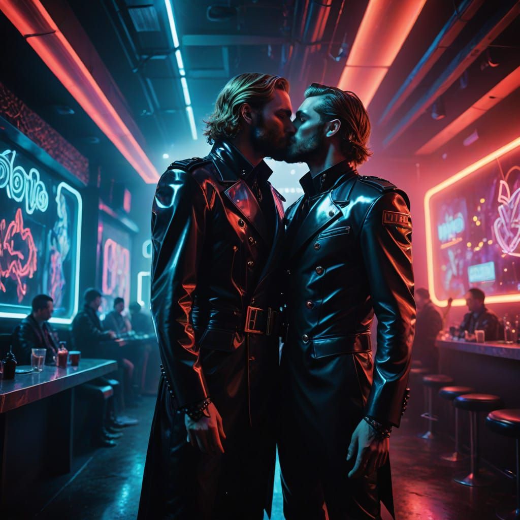 Men Share Passionate Kiss in Futuristic Nightclub