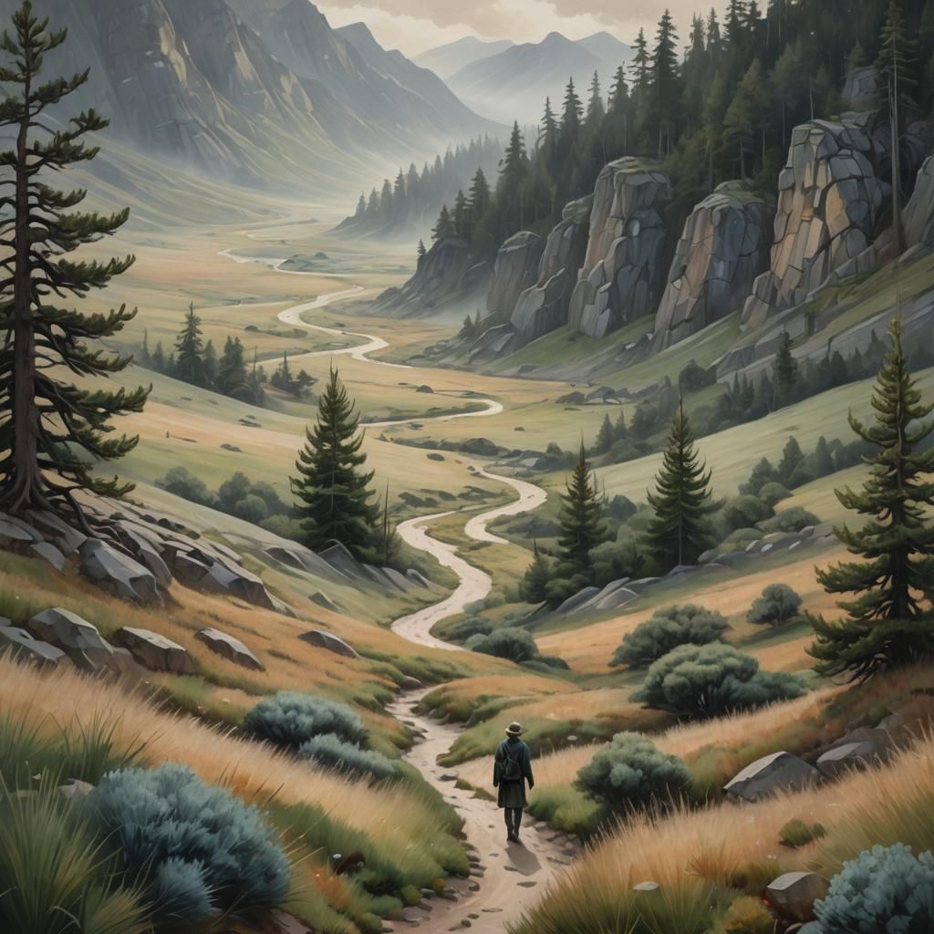 Ethereal Figure on Winding Path in Surreal Landscape