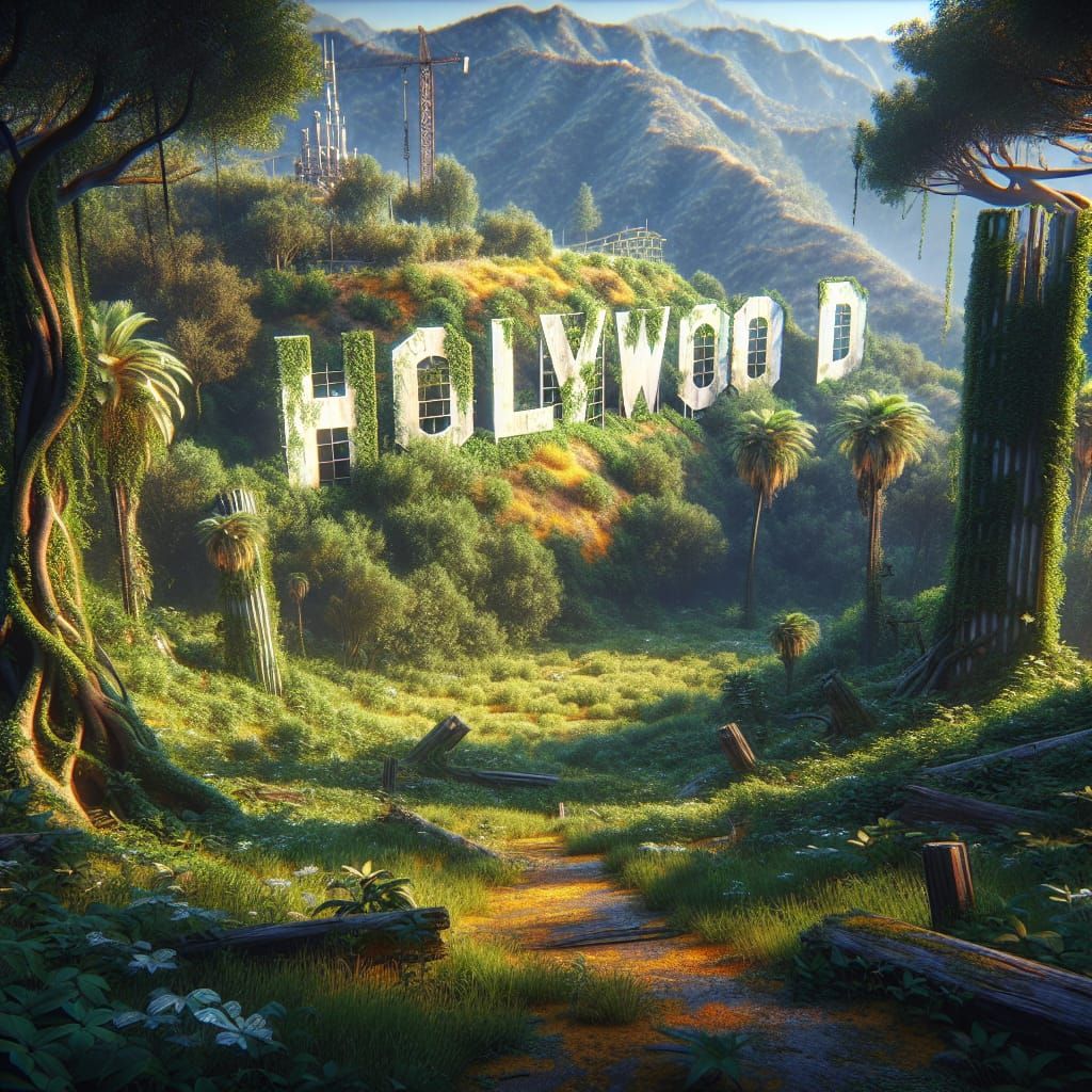 Overgrown Hollywood Sign in Year 2324: Photorealistic HDR