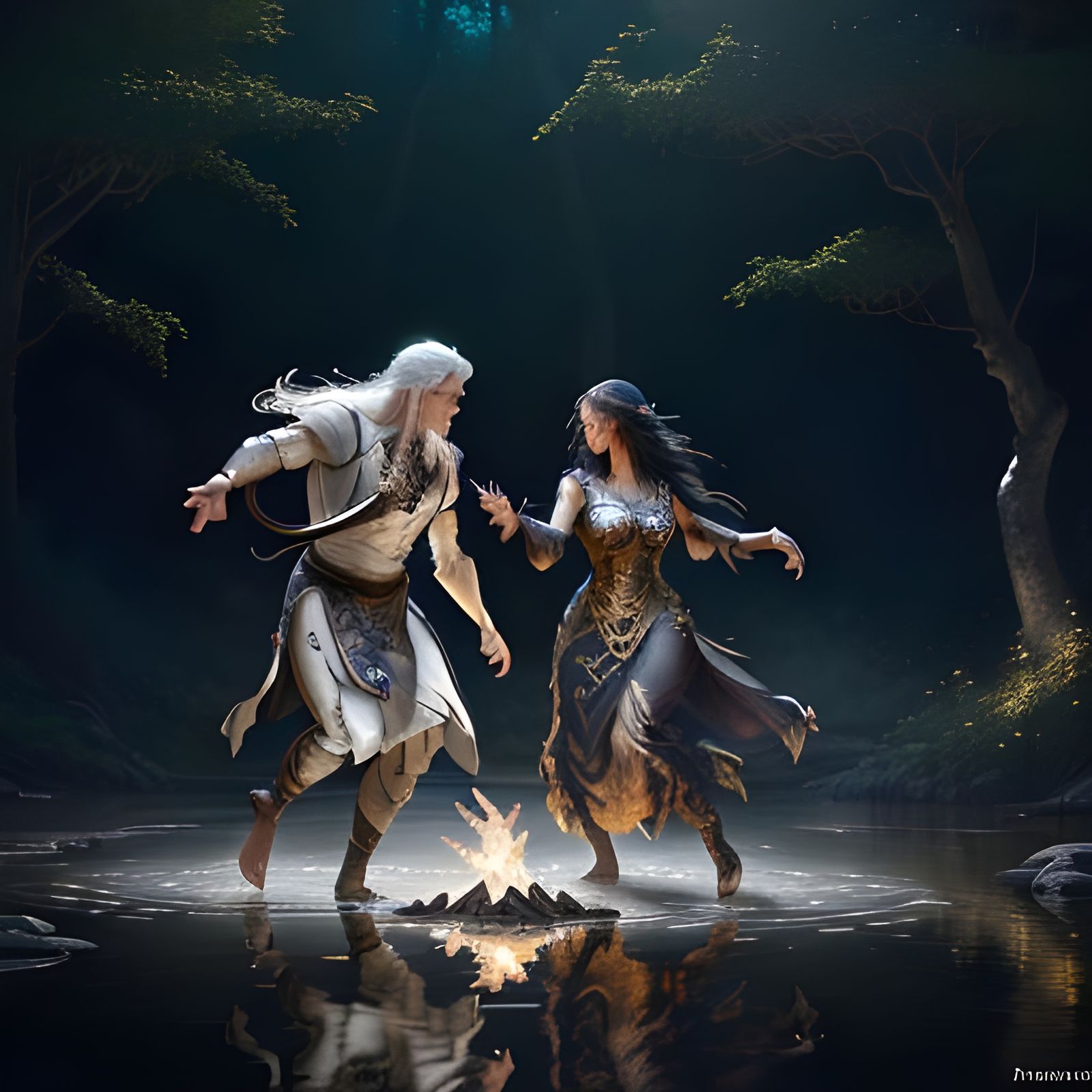 Elementalists Dancing by Campfire, Fantasy Concept Art
