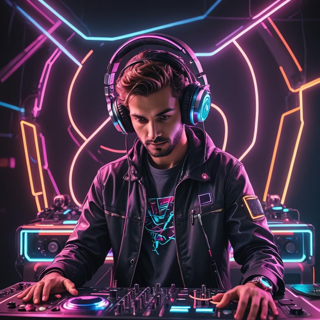 A disc jockey standing behind a sleekly designed neon DJ con...