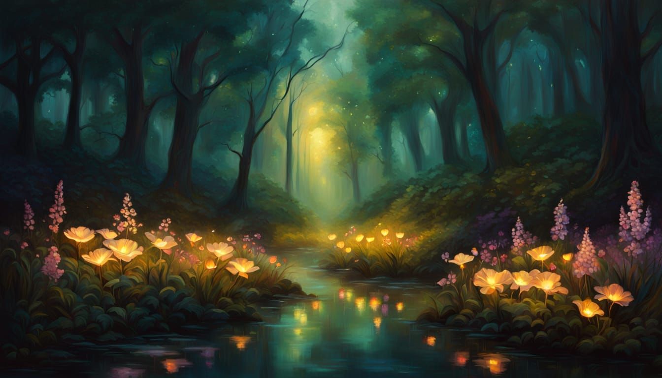 Ethereal Forest with Glowing Lights and Flowers