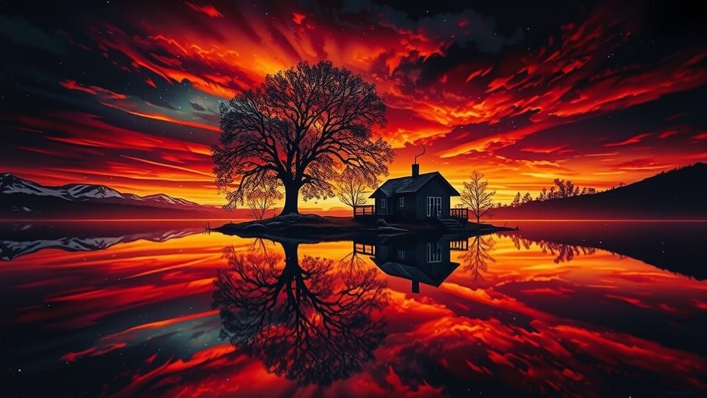 Ethereal Lakeside Sunset with Silhouetted Tree and Snowy Cot...