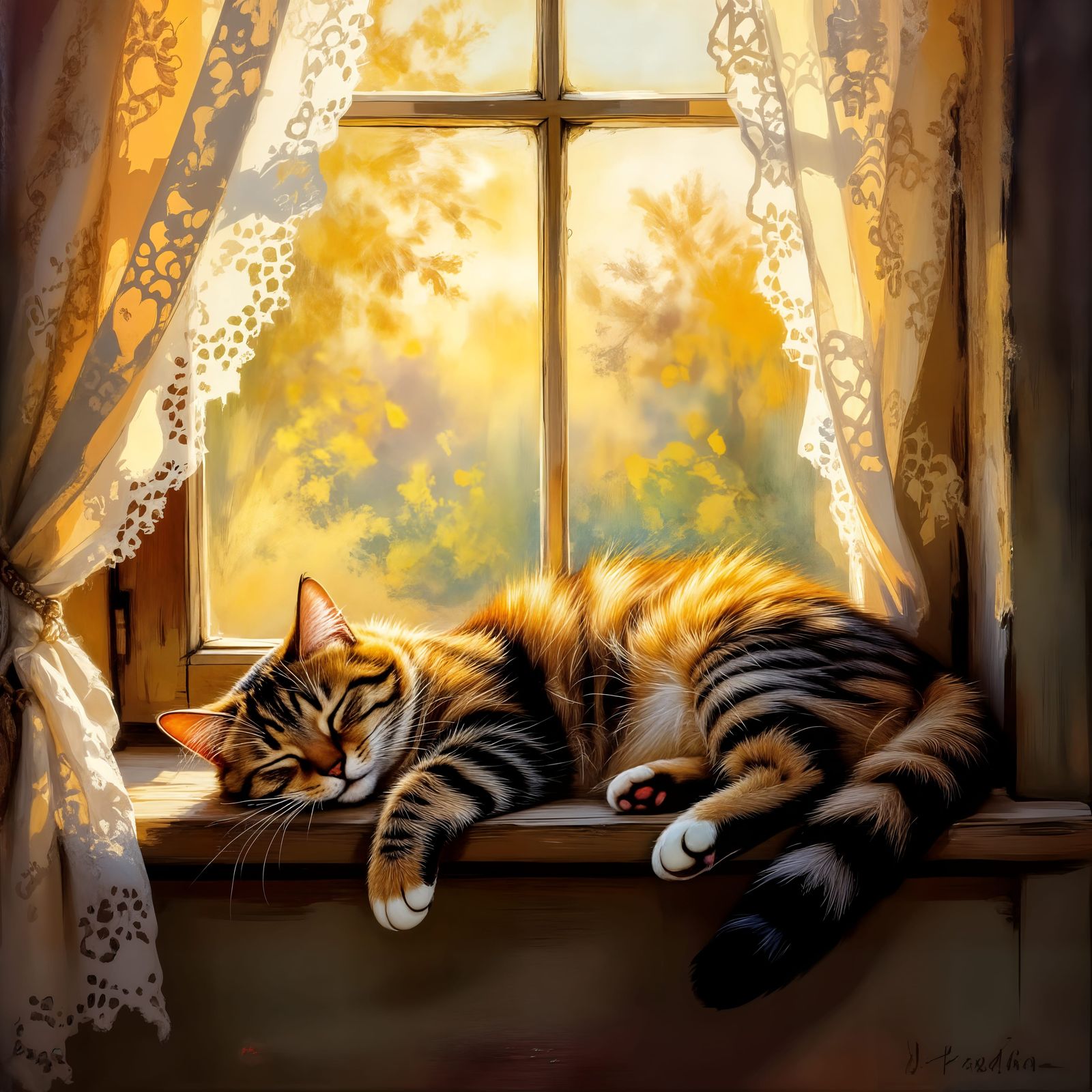 Tabby Cat's Sunlit Nap: An Impressionist Painting