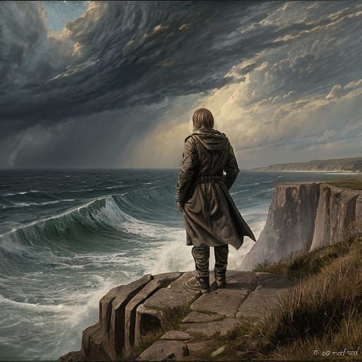 Figure on Stormy Cliff Overlooking Sea