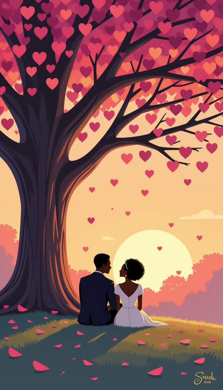 Romantic Couple Under Heart Leaf Tree at Sunset, Pastel Pale...