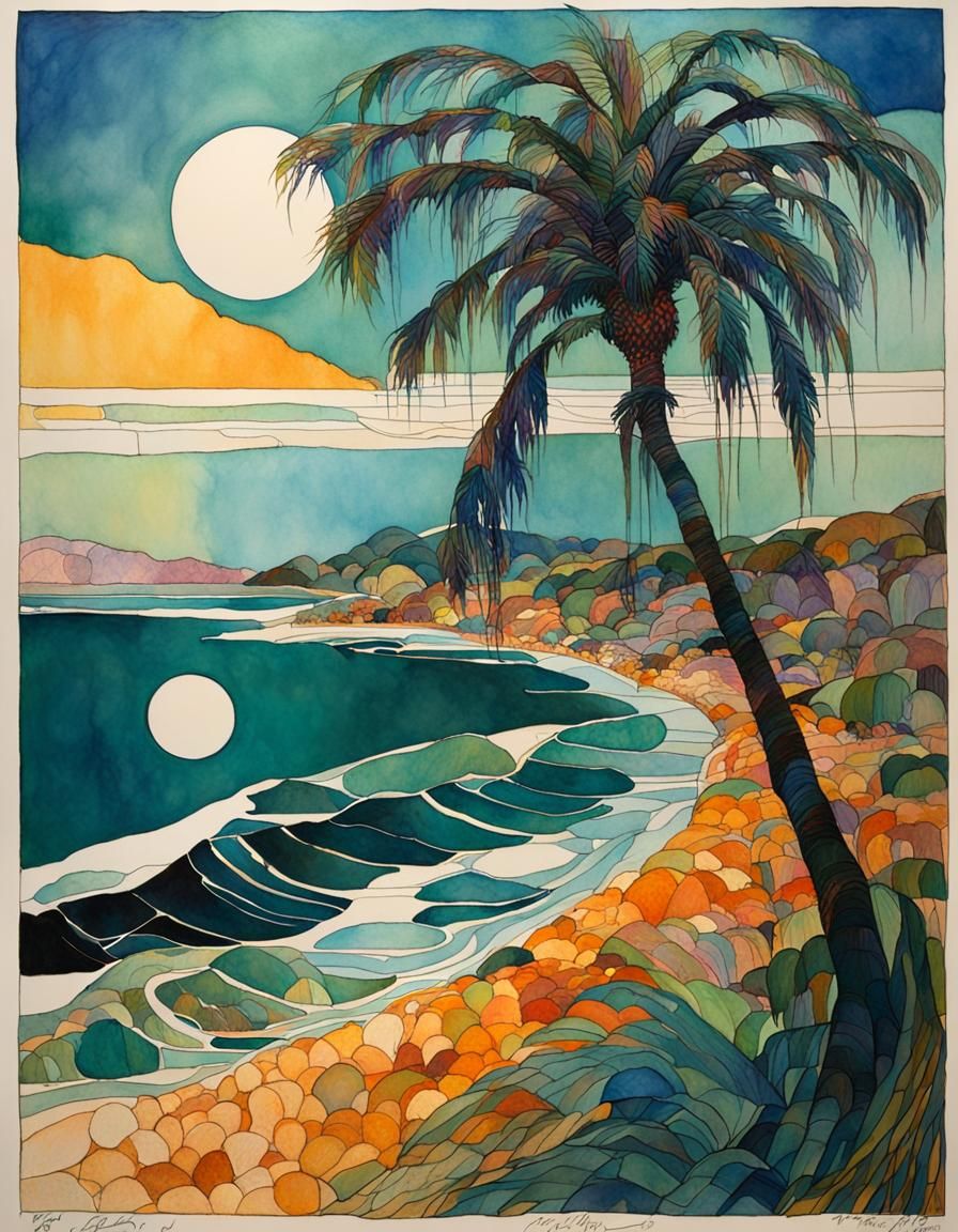 Palm Tree in Art Nouveau Watercolor Style