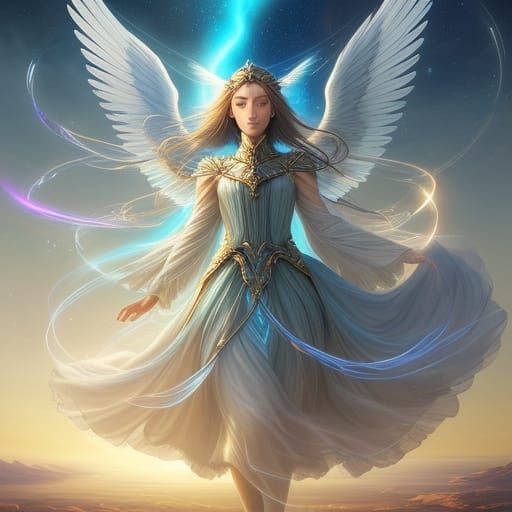 Glowing Celestial Angel in Vibrant, Iridescent Colors