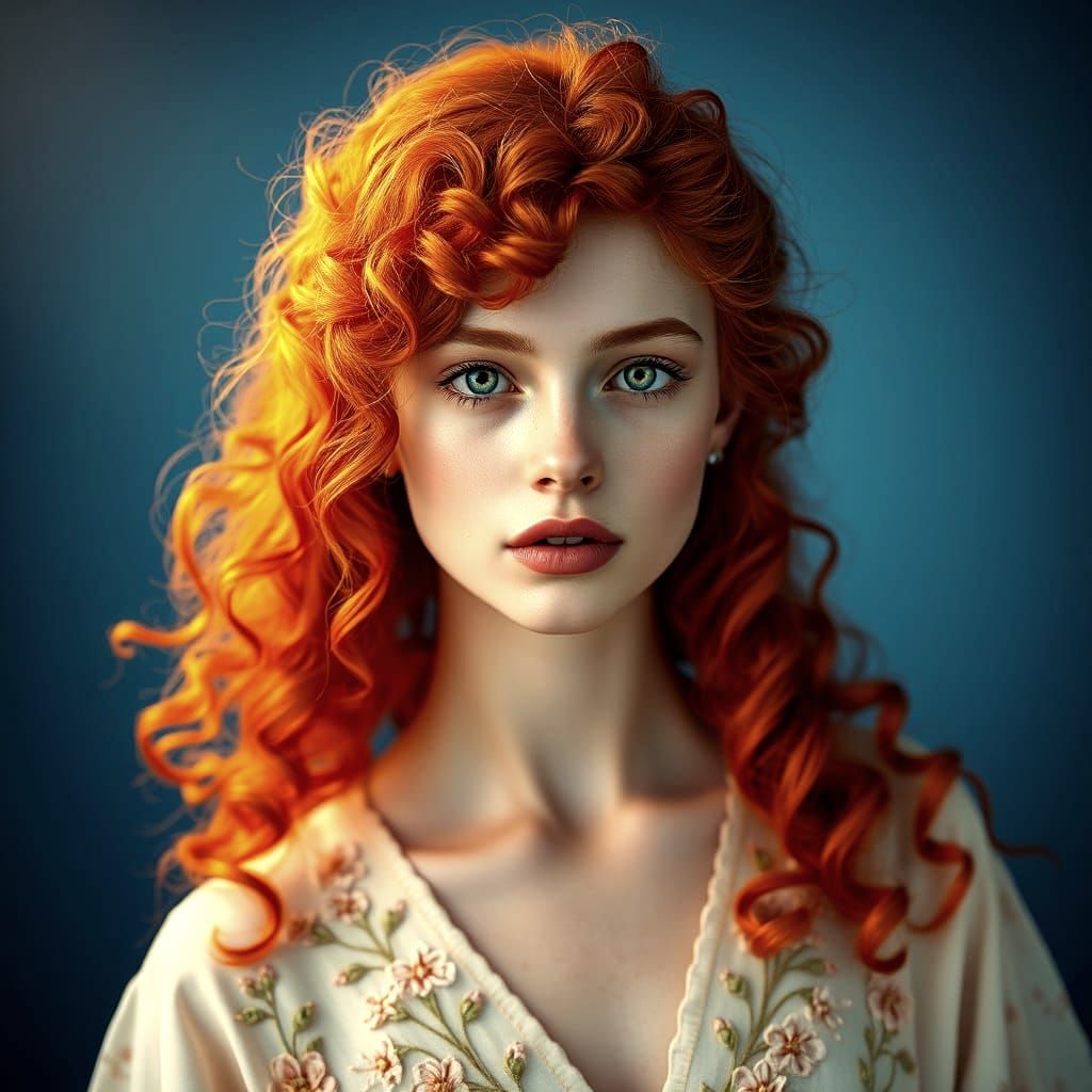The portrait features a young woman with vibrant, curly red hair and striking green eyes. She wears a soft, flowy garmen...