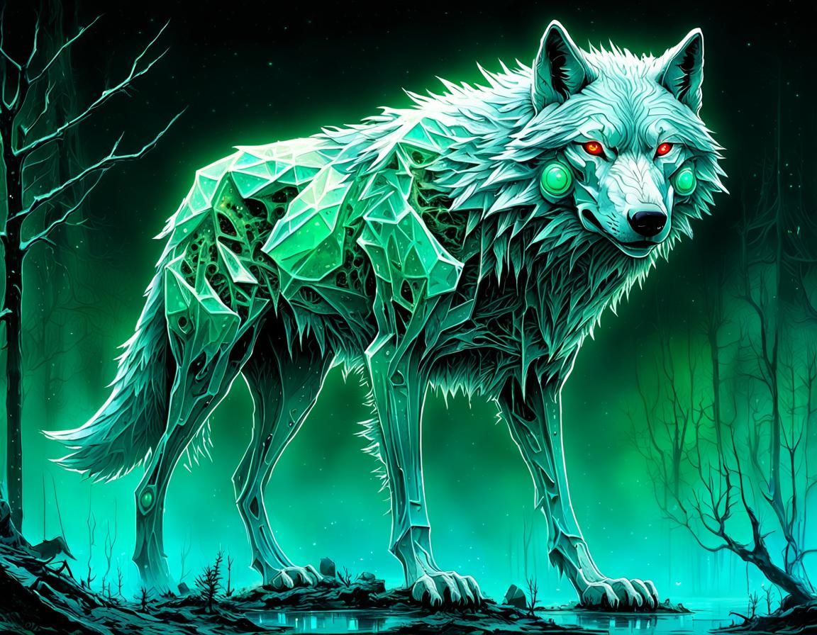 SURREAL DYSTOPIA - Holographic wolf with piercing red eyes.