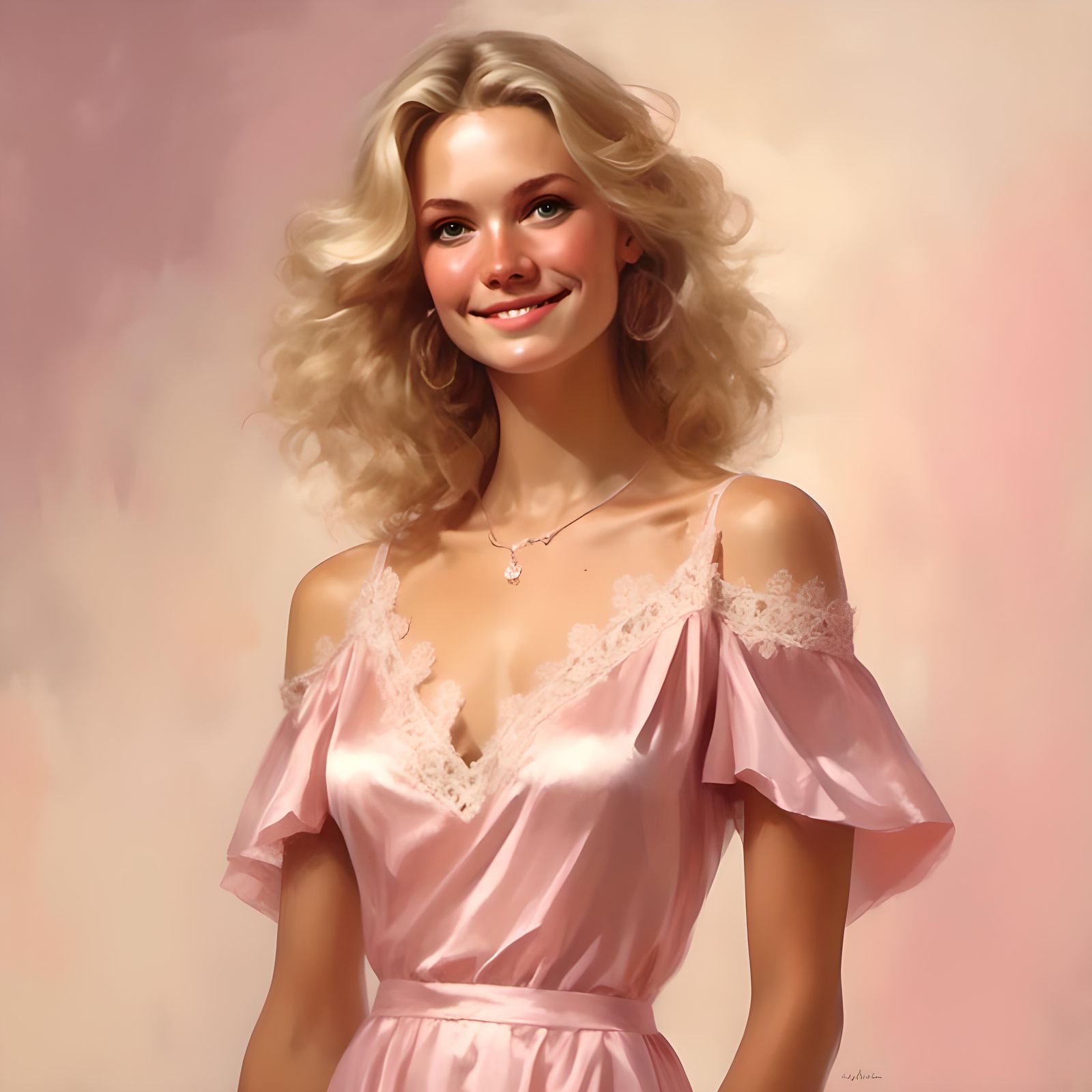 Smiling Woman in Pink Dress with 70s Chic Style