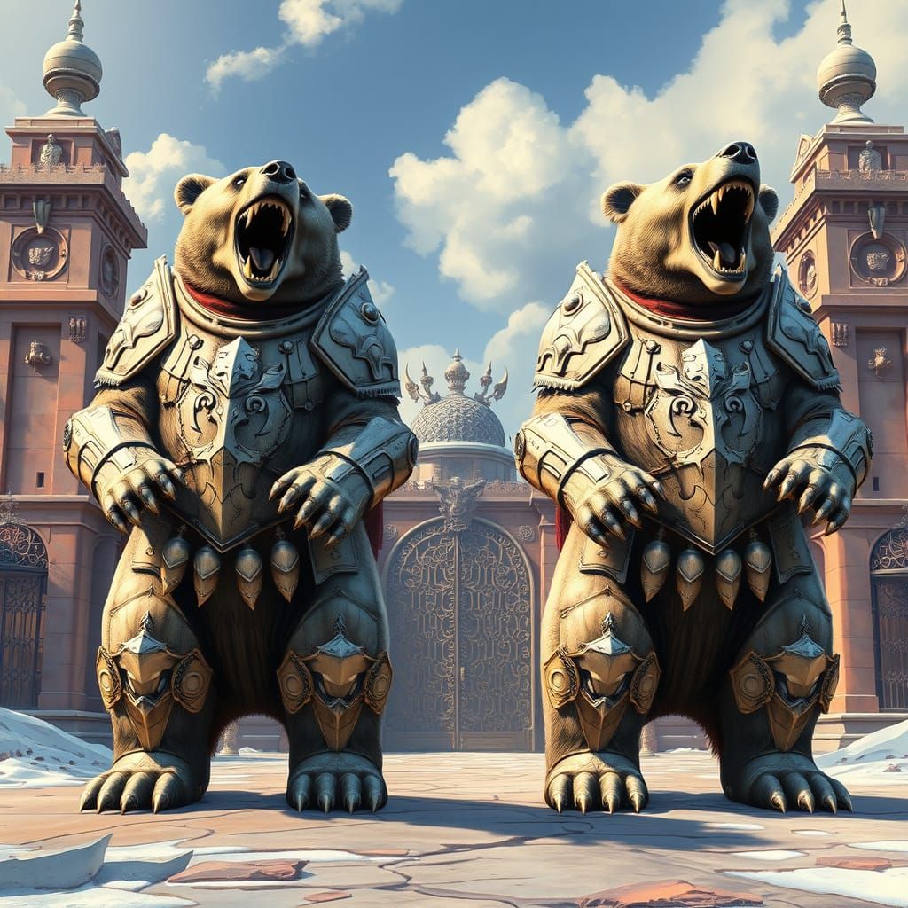 Fantasy Polar Bears Guard Crystal Pagoda in Moonlit Garden