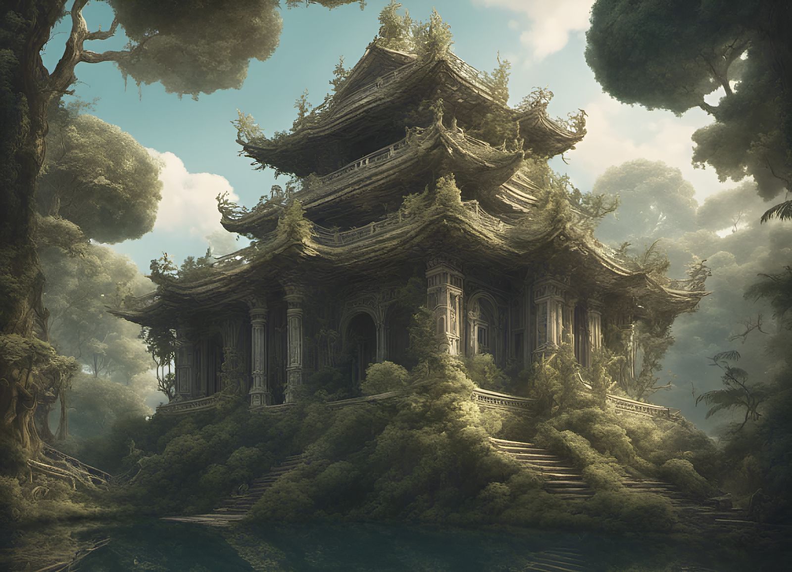 Ancient Jungle Temple in Art Nouveau Rococo Style