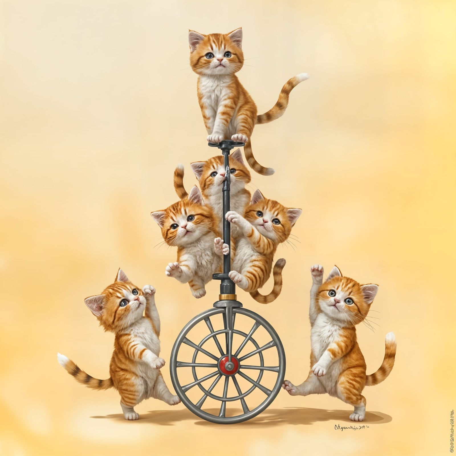 Whimsical Chinese Acrobat Cats Form Pyramid on Ornate Unicyc...