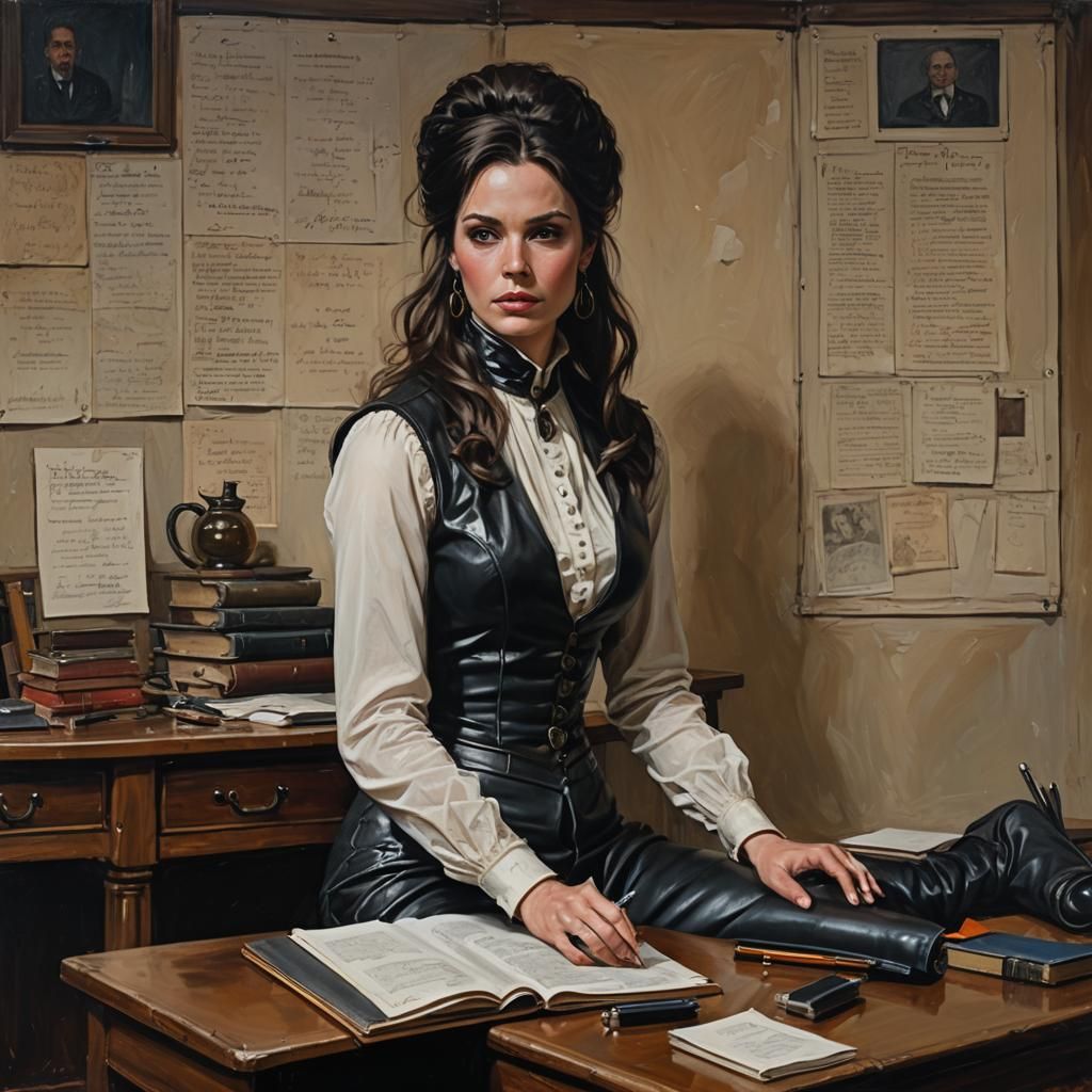 Fantasy Teacher in Leather, Oil Painting Style