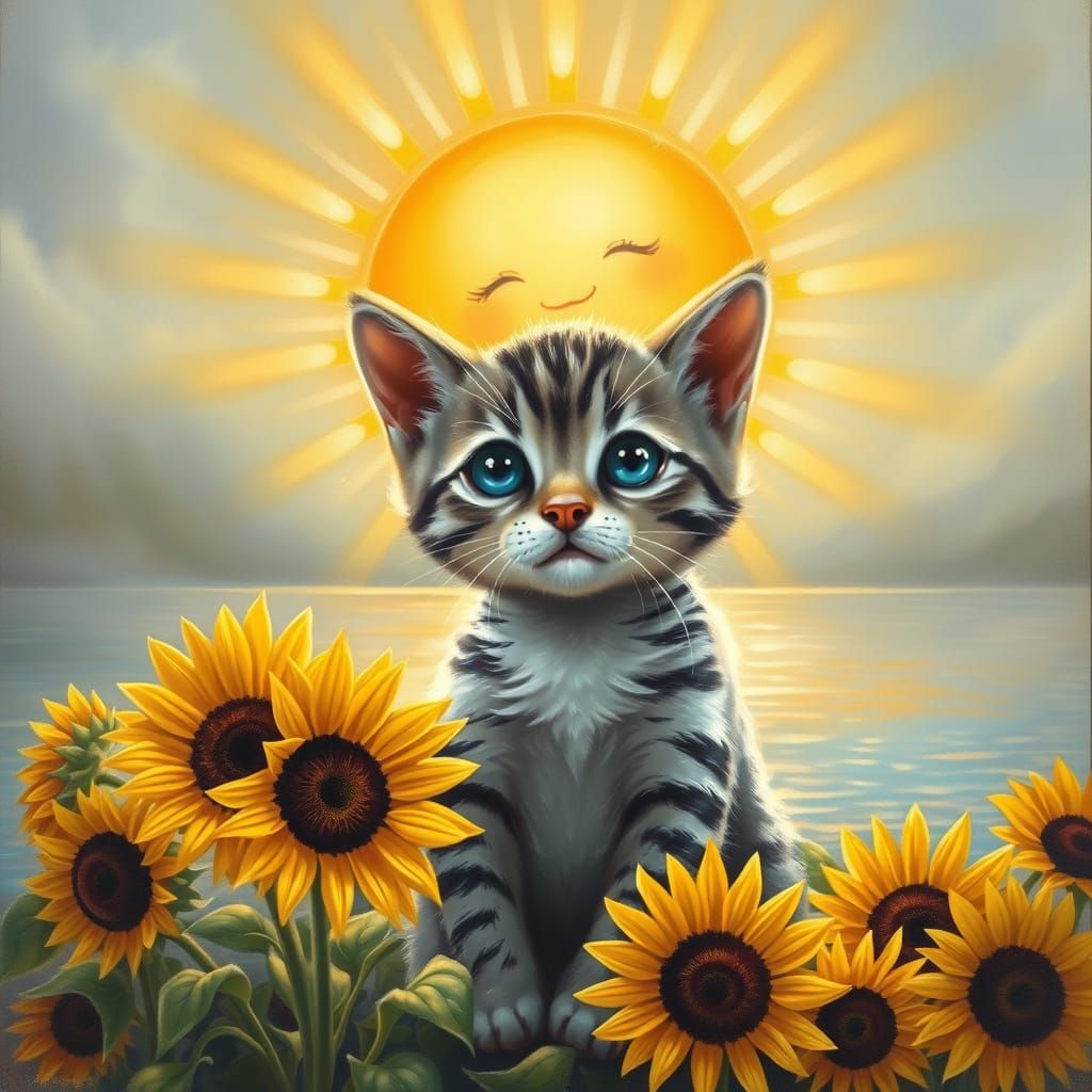 Whimsical Golden Sun with Enchanted Kitten