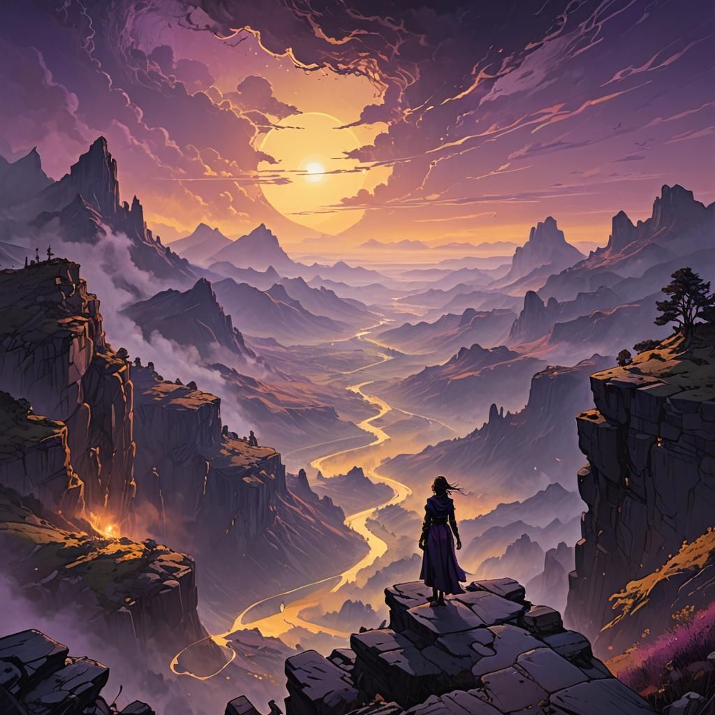 Mystical Woman Overlooks Fantasy Landscape in Detailed Line ...