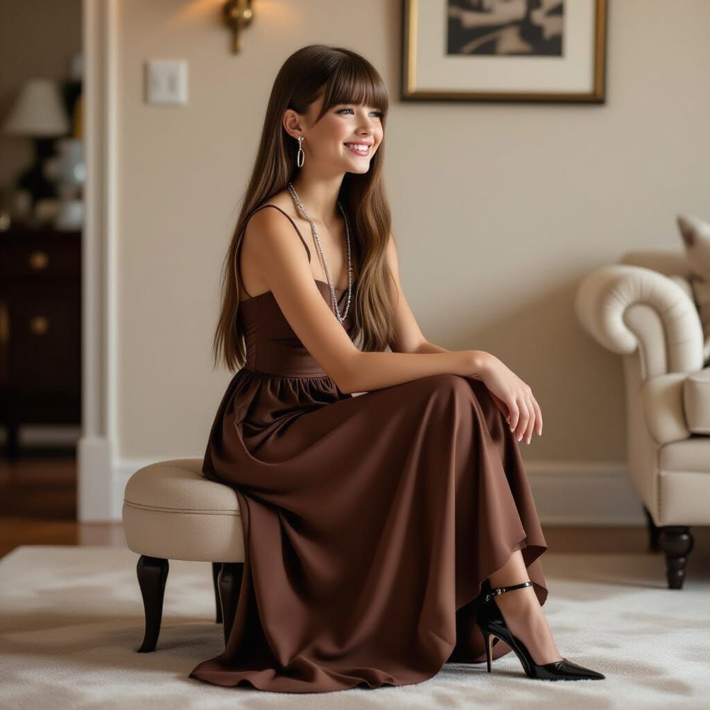 Teenager in Stiletto Pumps and Flowing Dress Sitting in Livi...