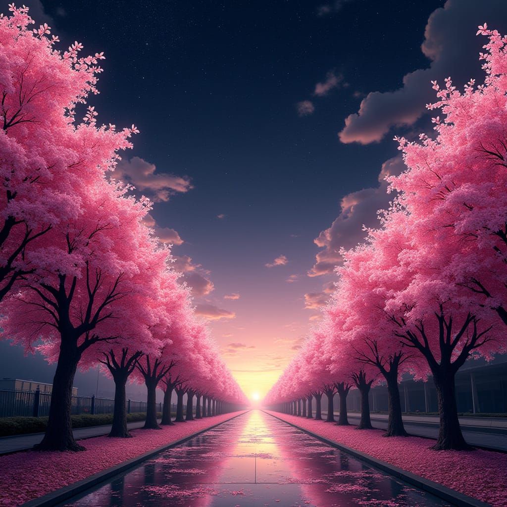 Realistic Panorama of Earth and Sakura Trees in Black Sky