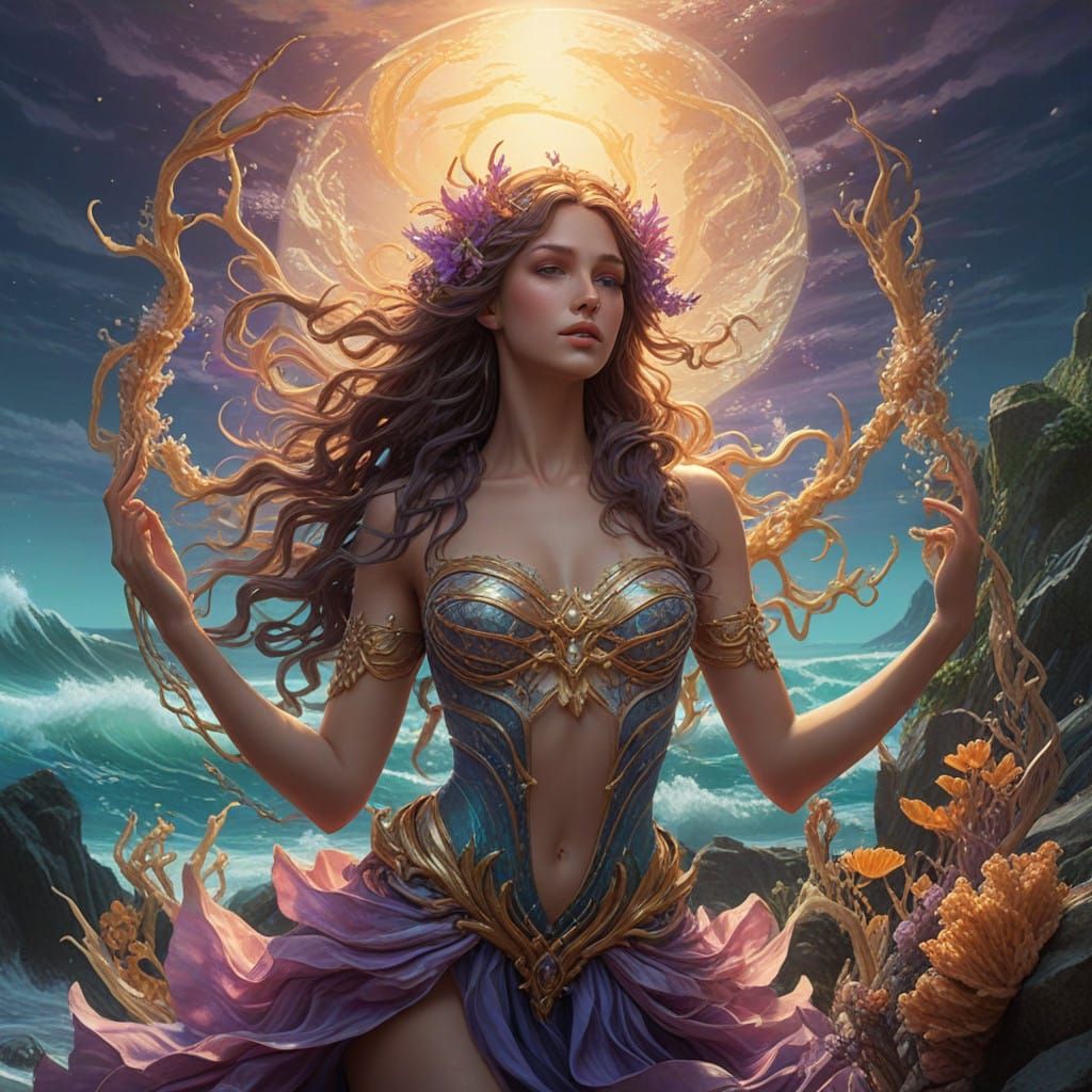 Siren of the Sea in Ethereal Waves with Pearls and Coral