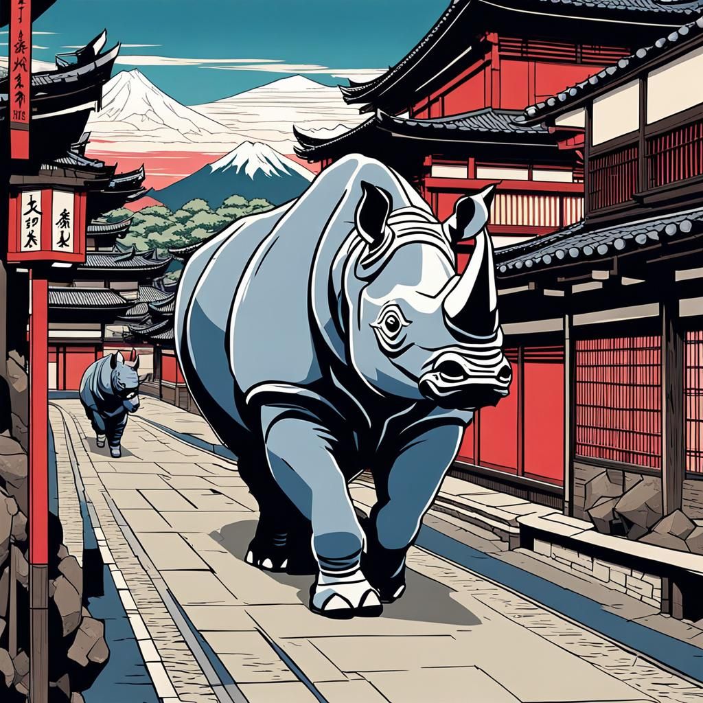 Rhinoceros in Japanese Town, Art Deco Style