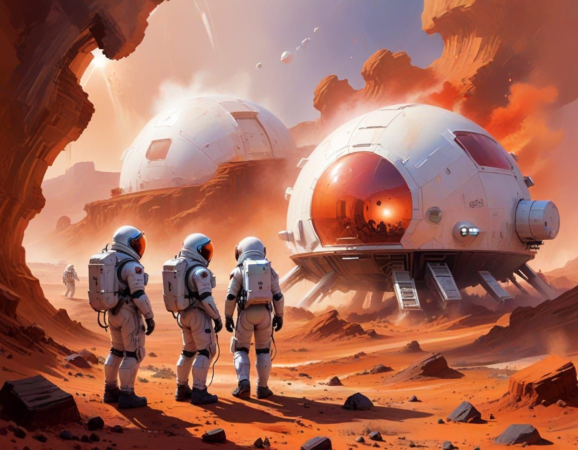 Mars Research Lab with Dust Storms in Watercolour Style