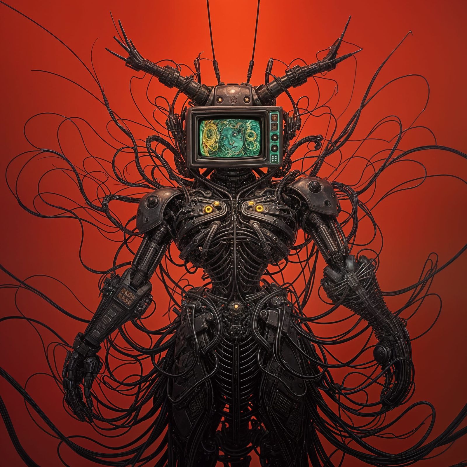 Cybernetic Being with Flickering TV Head in Anime Style