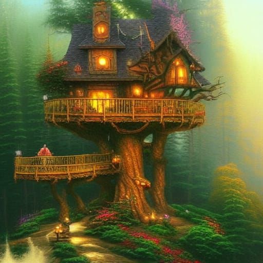 Ethereal Fantasy Treehouse in Mist, Hyperdetailed