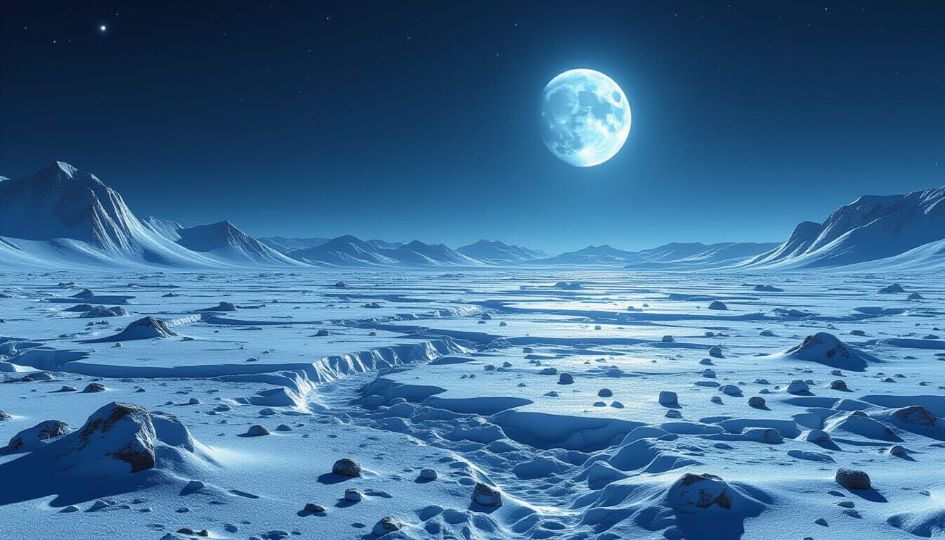 Surreal Lunar Landscape: Frozen Regolith Under Alien Sky