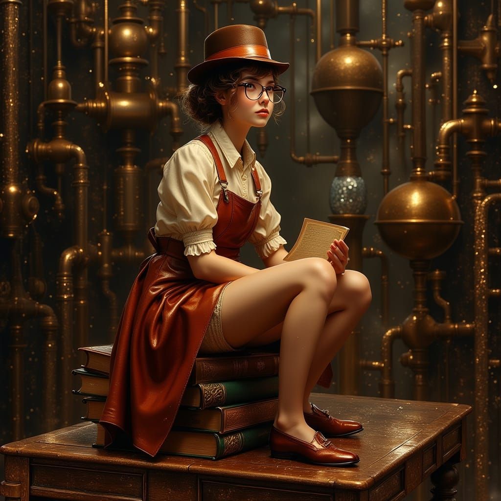 Whimsical Woman in Victorian Study with Books and Brass Mach...