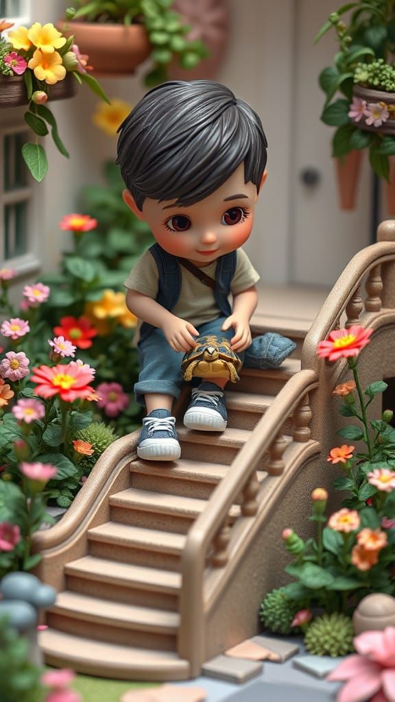 Child and Turtle in 3D Dollhouse Garden