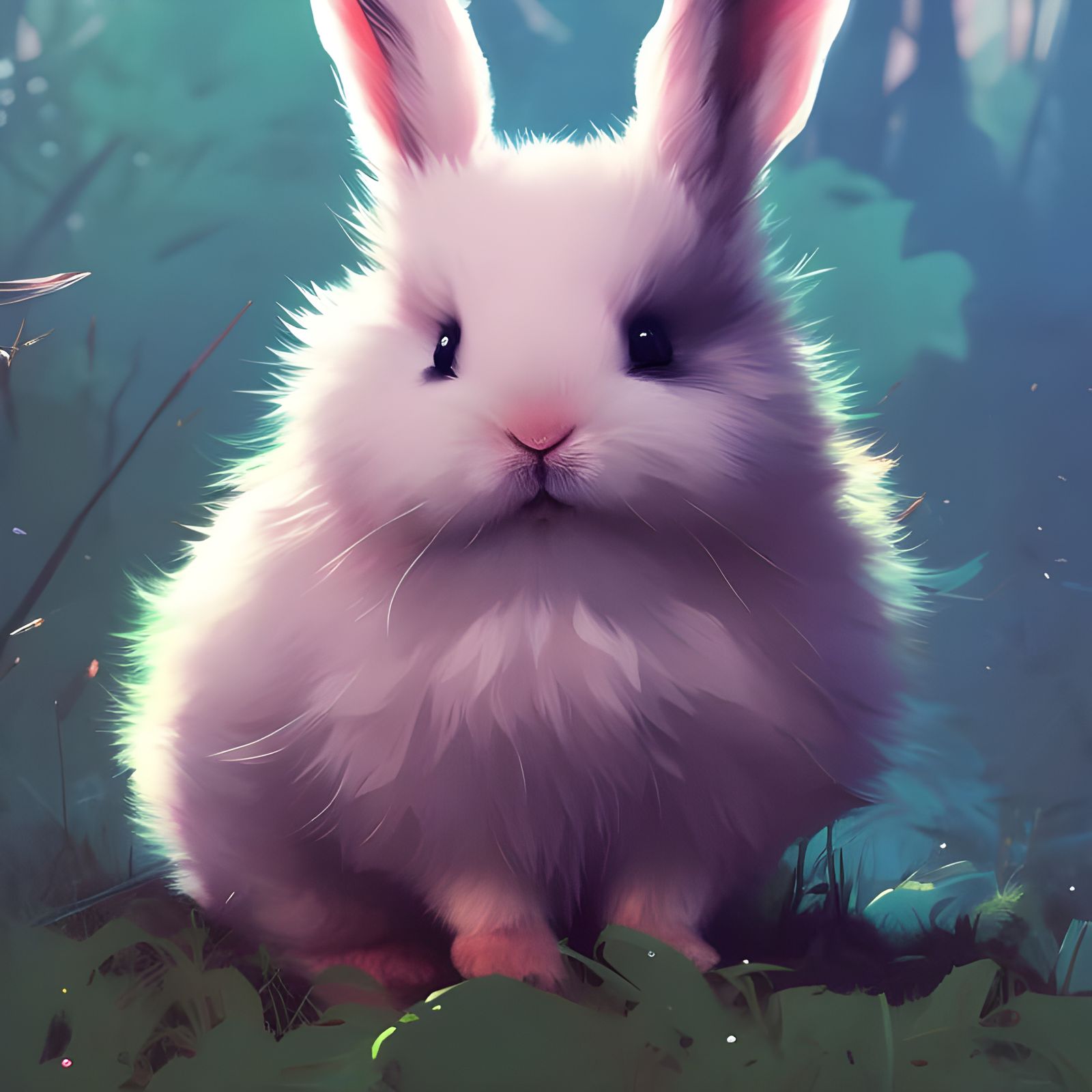 Cute Bunny Portrait in Forest, Digital Art