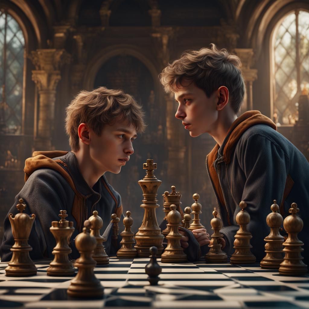 Boys Playing Chess: Detailed Fantasy Concept Art