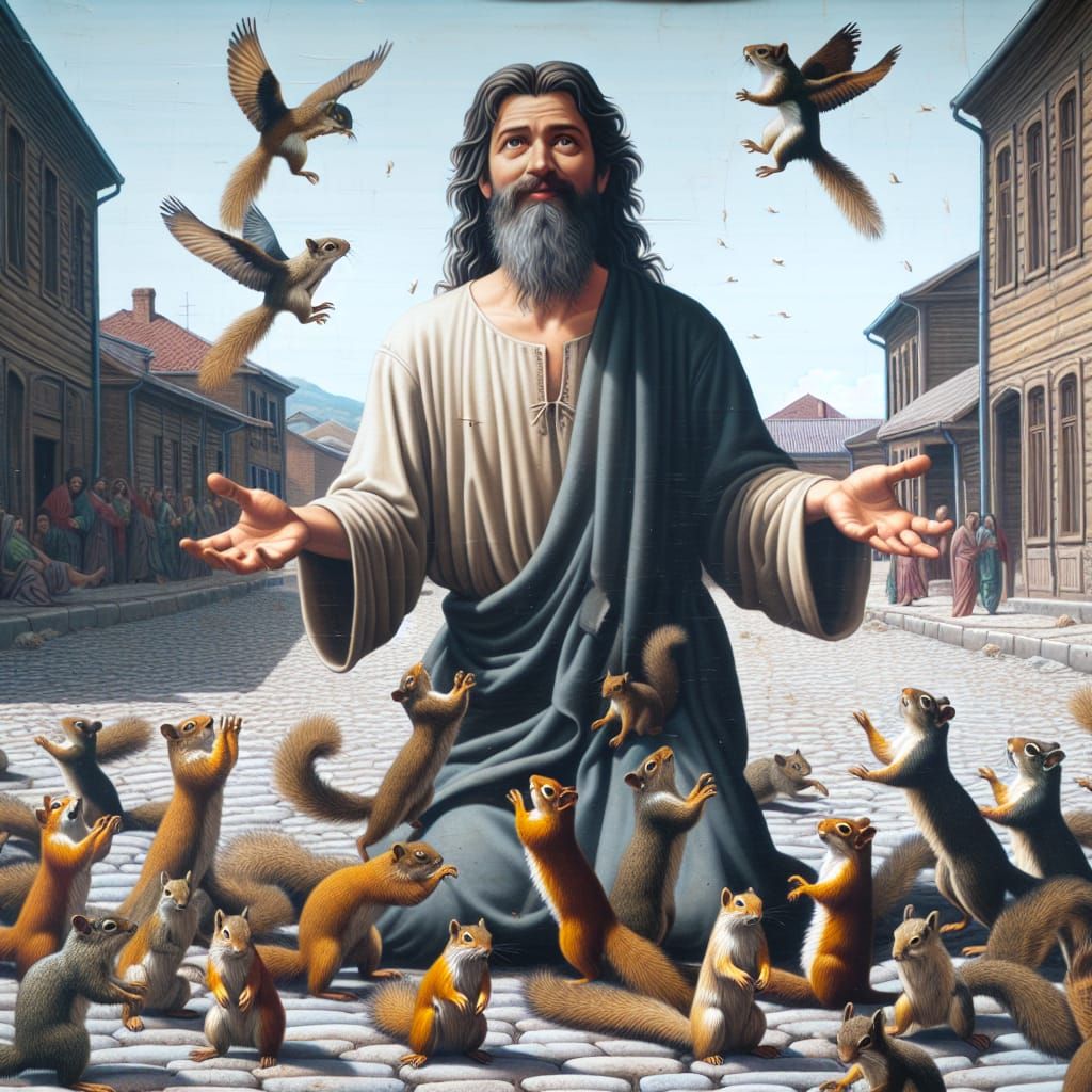 Man with Squirrels in Cobblestone Street