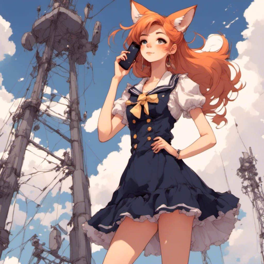 Fox-girl VIXEN wearing Navy Sailor Collar, usinga cell phone
