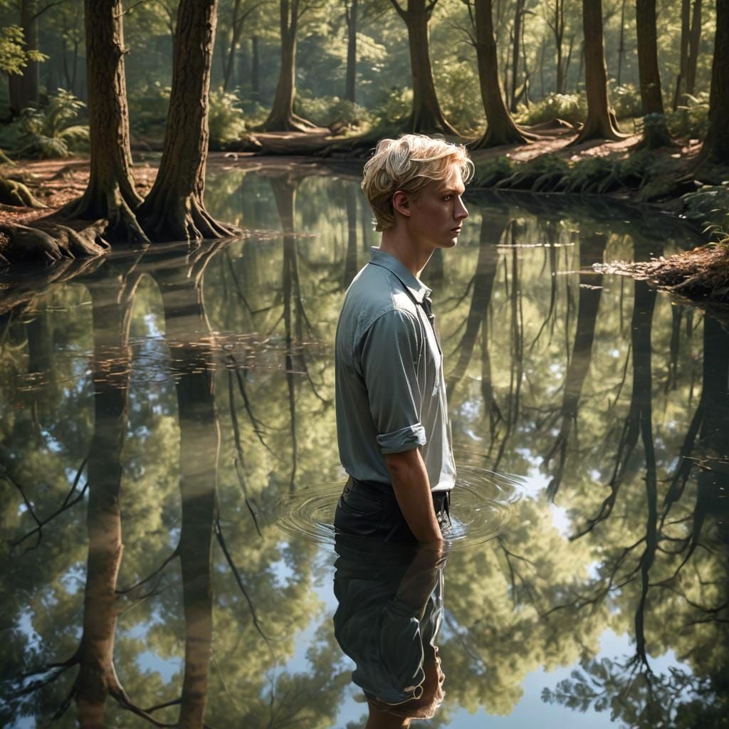 Young Man Reflecting in Forest Pool: Hyperrealistic 3D