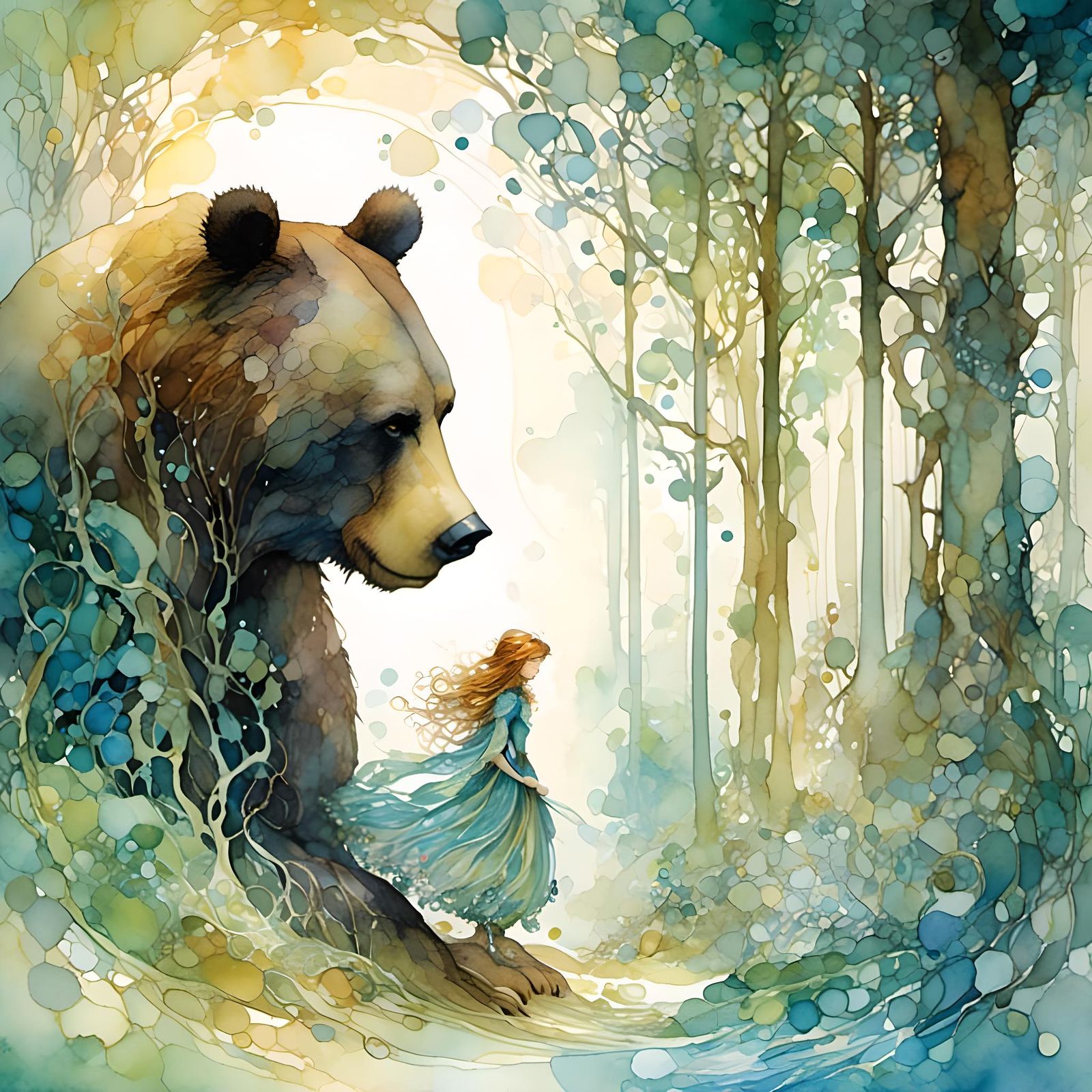 Woman and Bear in Art Nouveau Forest