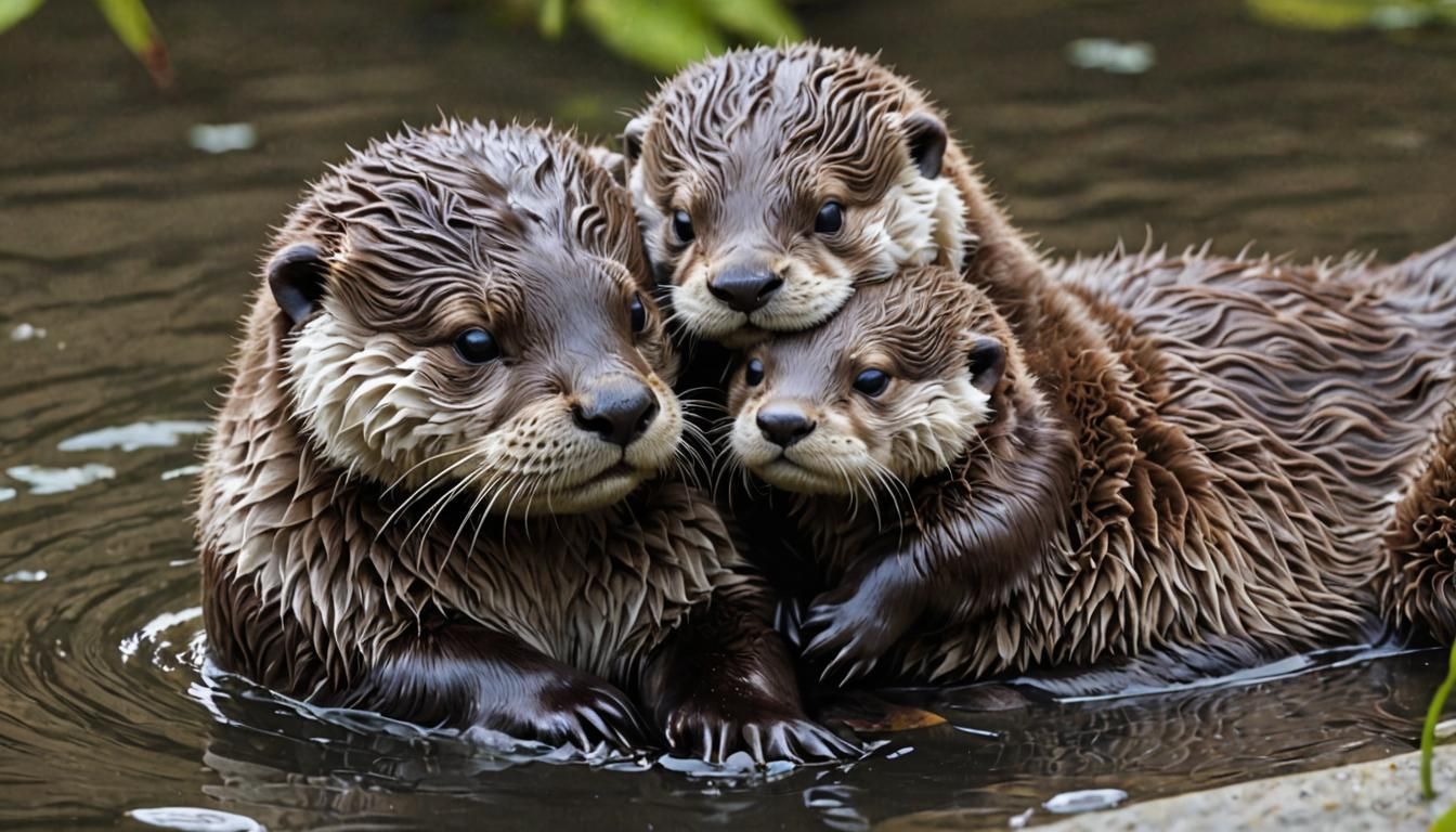 Adorable Baby Otter with Mother: Hyperrealistic Art