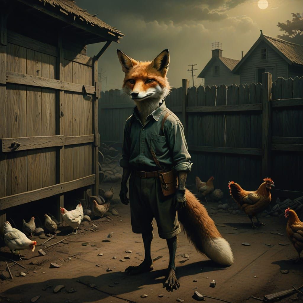 Surreal Fox Contemplates Chicken Coop in Earthy, Cinematic S...