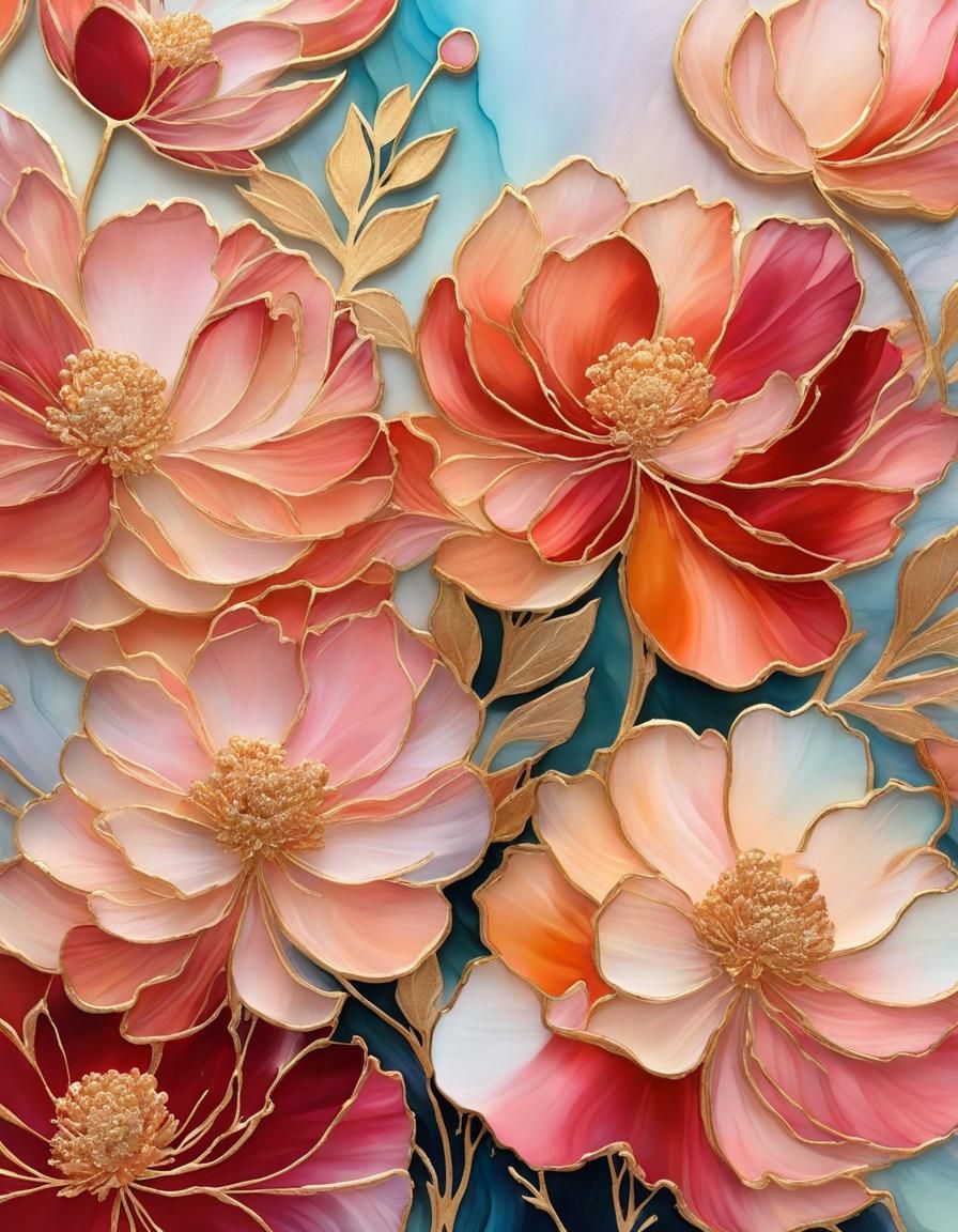 Peonies with Crystalline Texture in Alcohol Ink Style