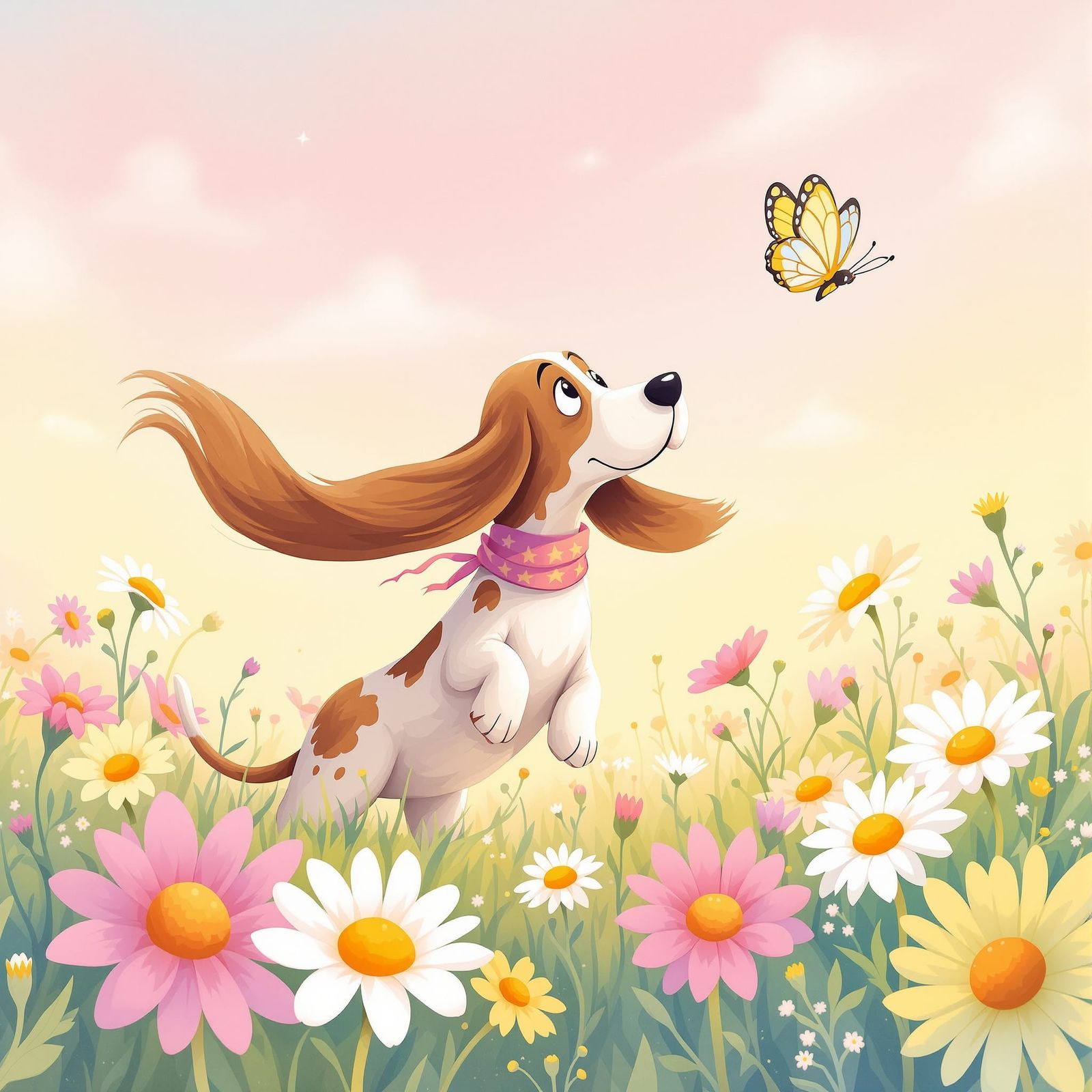 Basset Hound Chasing Butterfly in Watercolor Style