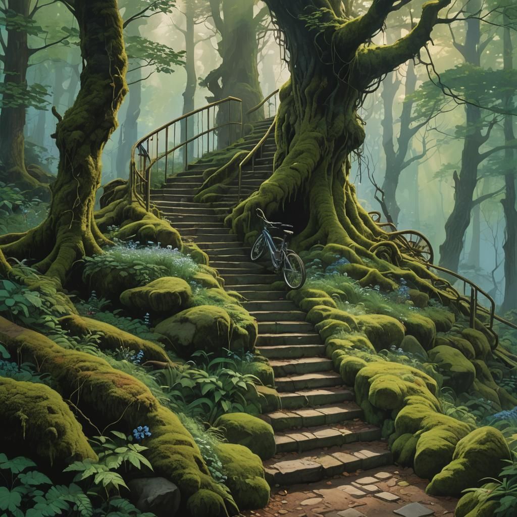 Enchanted Forest: Moss-Covered Staircase in Digital Art