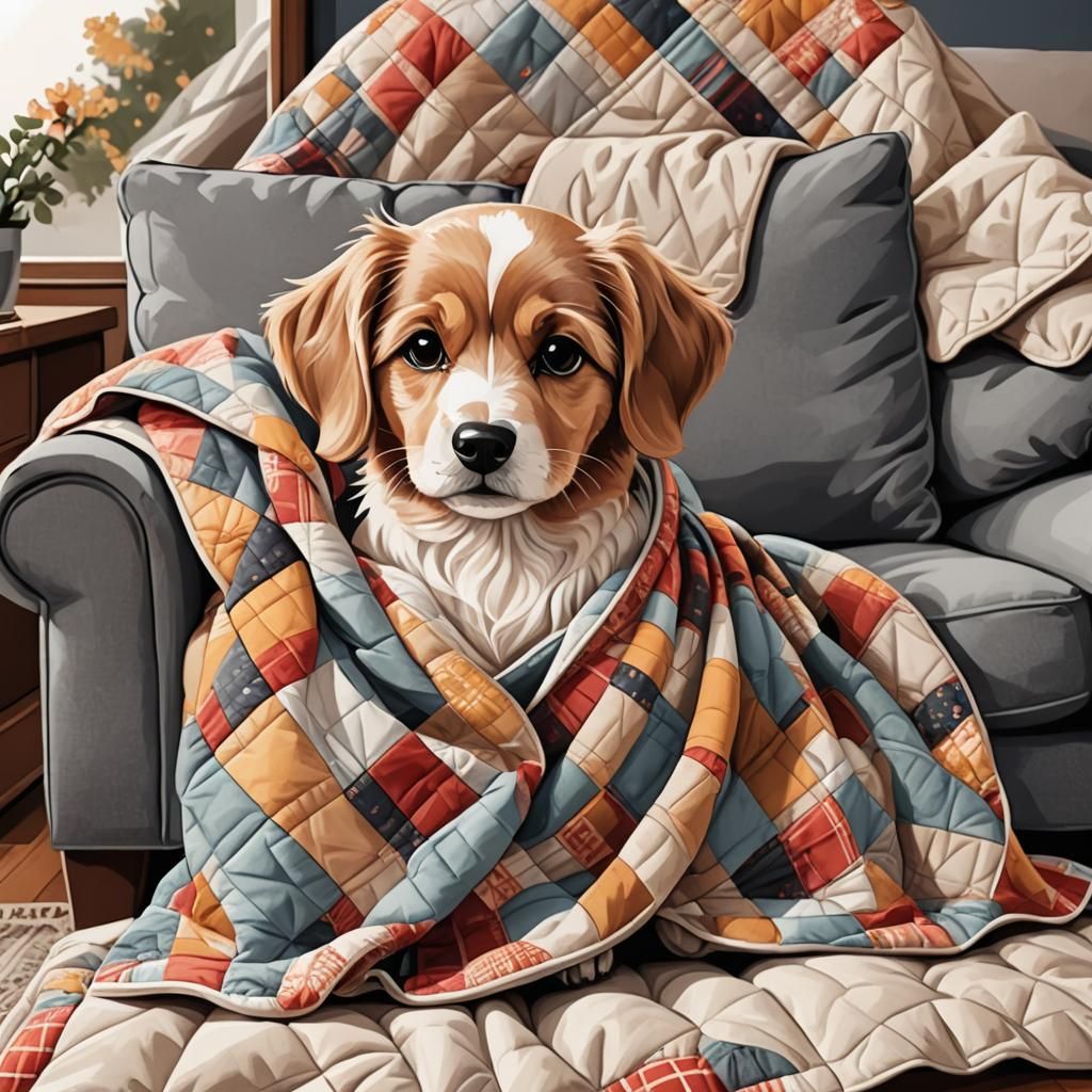 Cartoon Dog Wrapped in Cozy Quilt