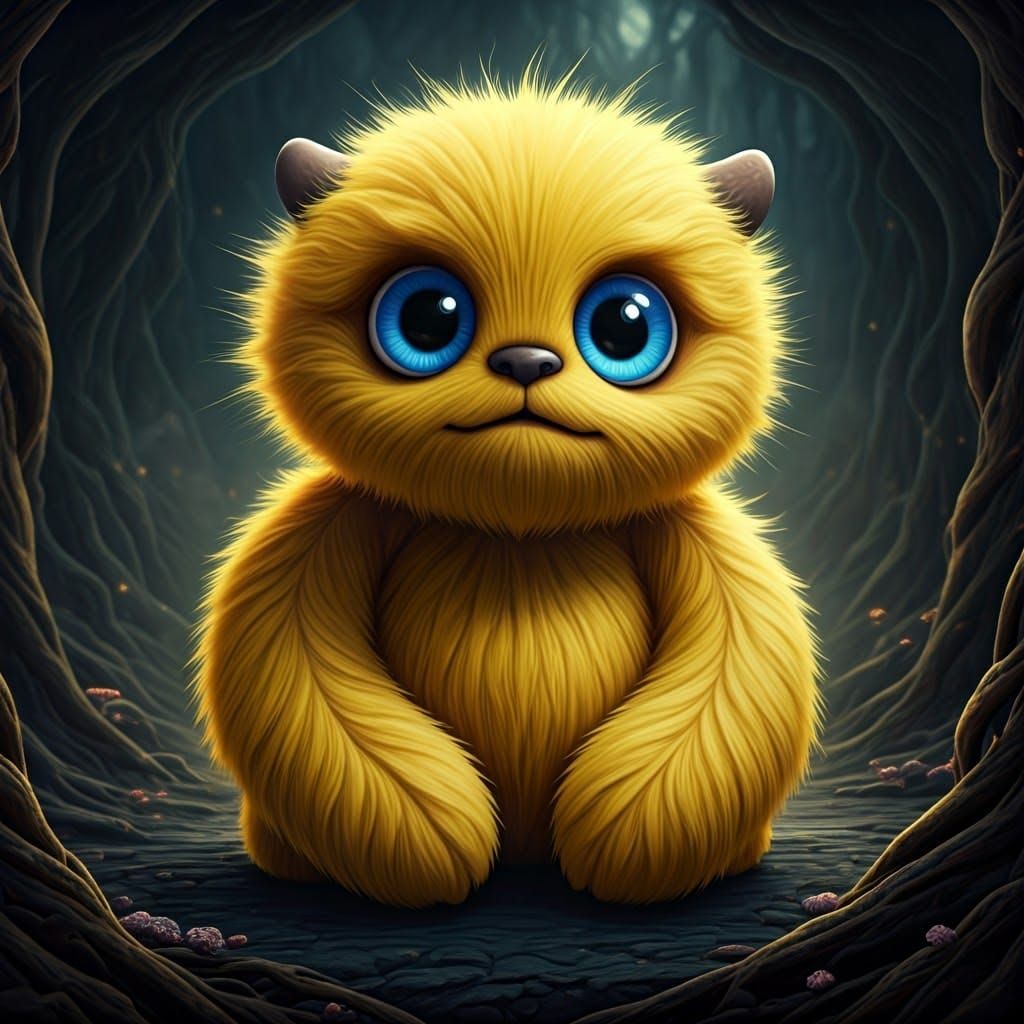 Cute Yellow Monster in Dreamlike Forest, Digital Art