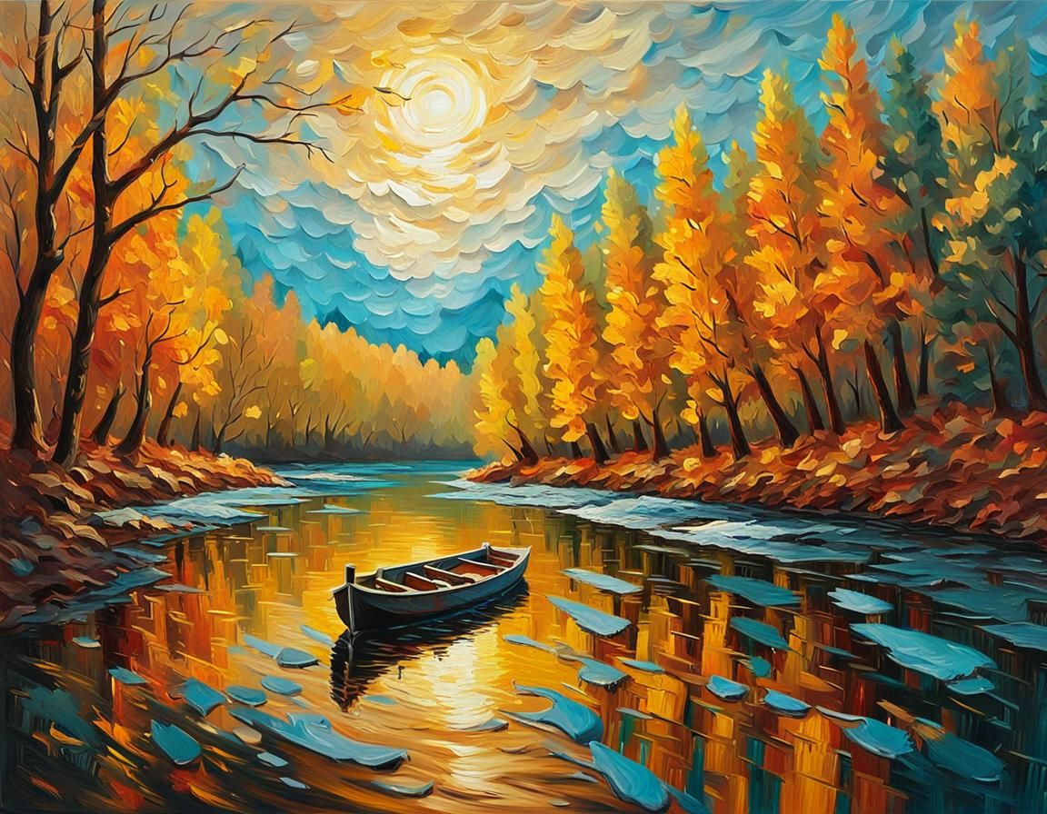 Glass River Through Autumn Trees, Impasto Oil Painting