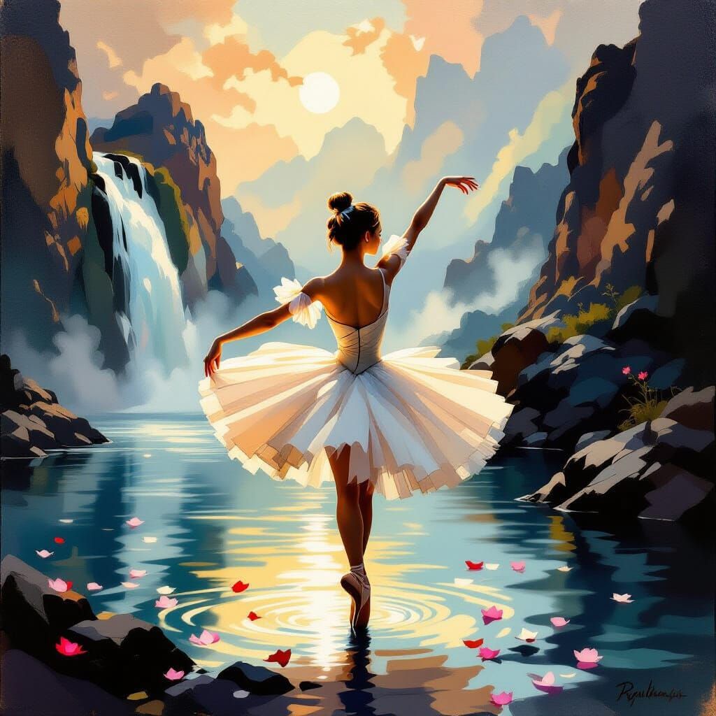 Ballerina Dances by Waterfall with Rembrandt Glow