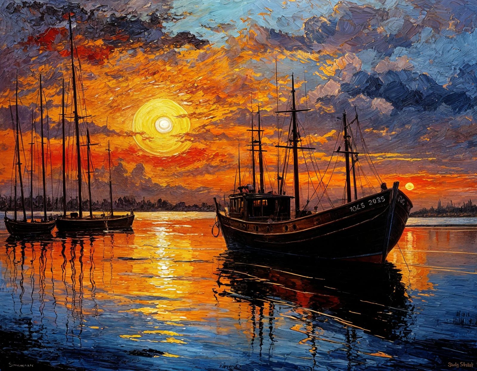 Impressionist Sunset Over Fishing Boat