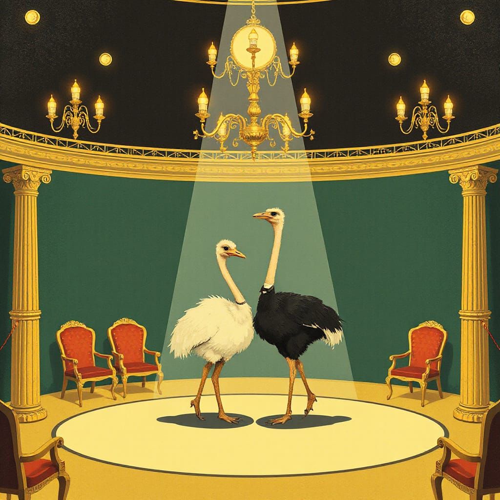 Ostriches Dancing in Golden Ballroom, Burtonesque Illustrati...