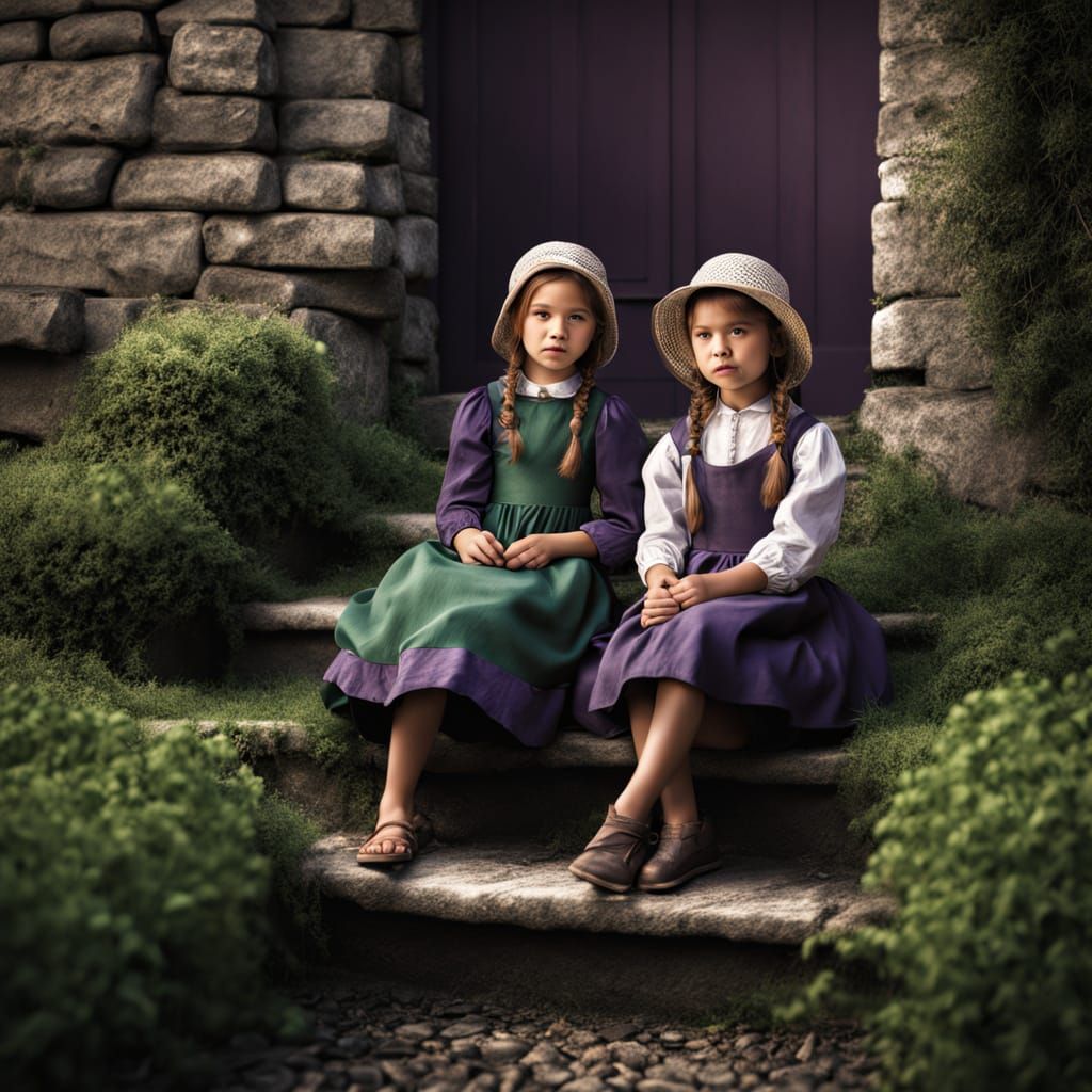 Amish Girls with Cat on Stone Steps