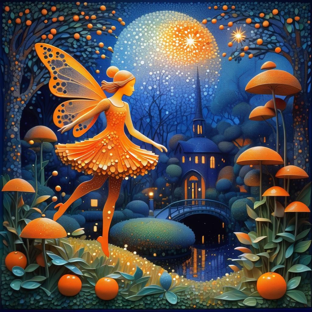 Magical Orange Fairy in Pointillism Night Garden